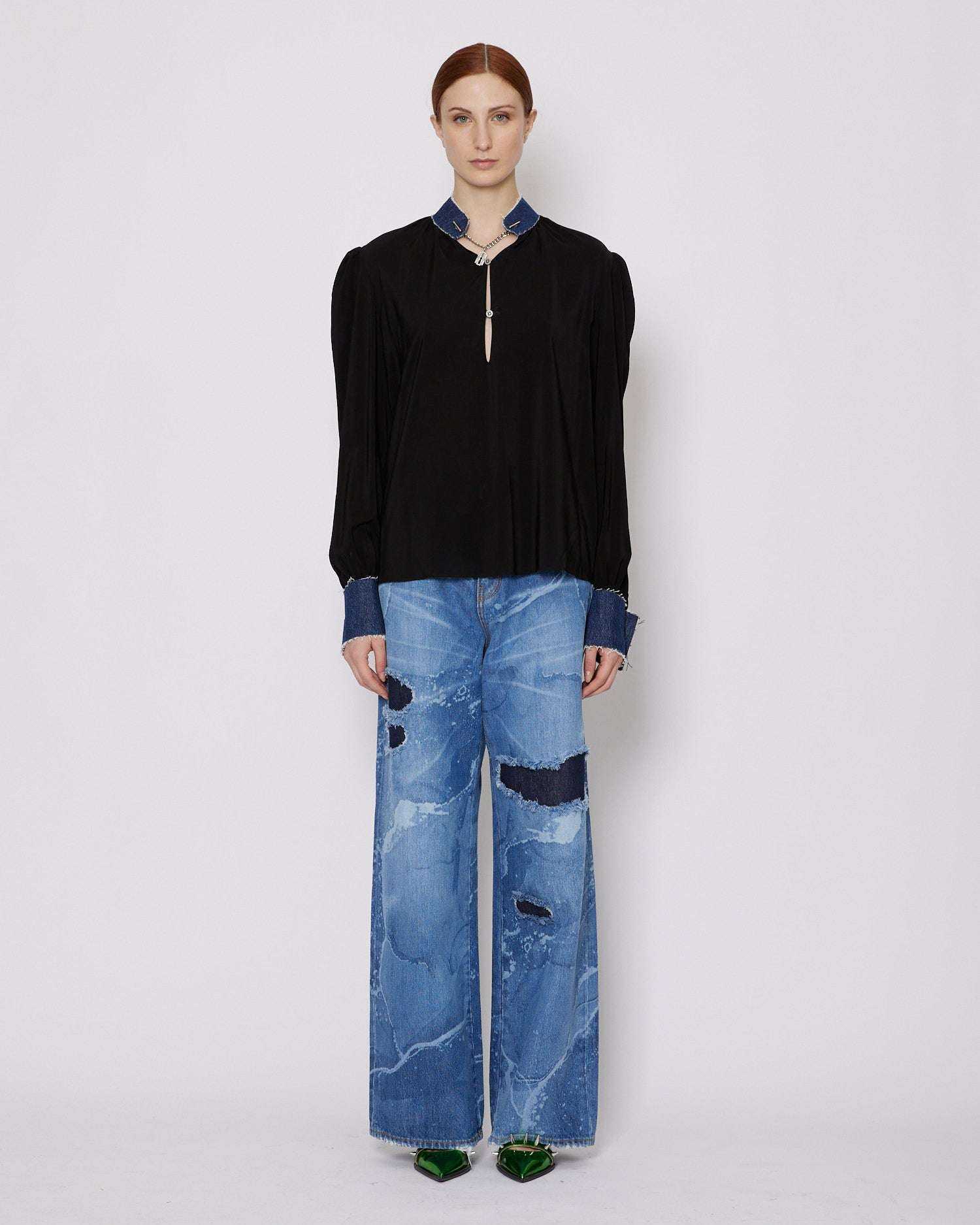 John Richmond Blusa con applicazioni in denim sconto